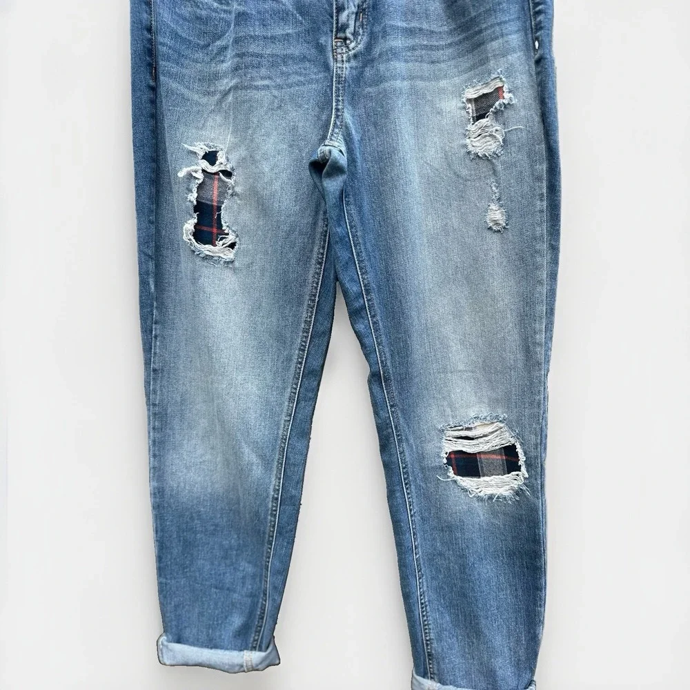 Natural Reflections Distressed Plaid Patch Boyfriend Jeans Blue Medium Wash 8